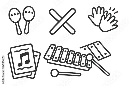 Toddler Music Doodle Set. Children’s storytelling hobby doodle set: hand drawn icons for puppet stage, story cube, comic strip,