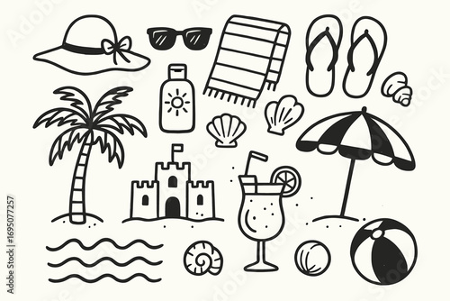Beach Vacation Doodles. Beach vacation doodle icon set: hand drawn icons of sunhat, sunglasses, beach towel, sunscreen, flip flops
