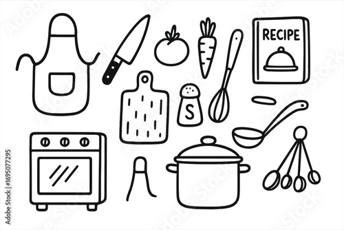 Cooking Doodle Icons. School bus doodle icon set: hand drawn icons of school bus, stop sign, backpack, lunchbox, kids boarding,