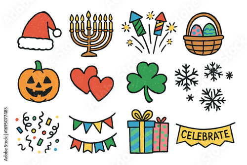 Festive Holiday Doodles. Healthy habits for kids doodle icon set: hand drawn icons of tooth brushing, veggies on plate, bedtime