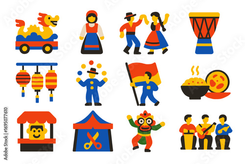 Festival Icons Collection. Flat vector icons of cultural festivals: parade float, traditional costume, folk dance, ethnic drum,