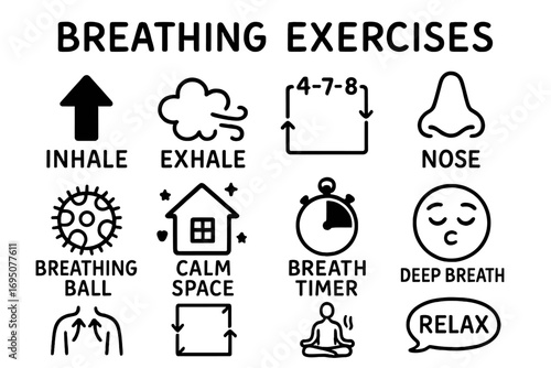 Breathing Exercise Icons. Breathing exercises doodle icon set: hand drawn icons of inhale arrow, exhale cloud, 4-7-8 diagram, nose