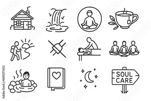 Wellness Retreat Icons. Wellness retreat doodle icon set: hand drawn icons of cabin, waterfall, meditation circle, herbal tea,