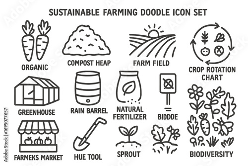 Sustainable Farming Icons. Sustainable farming doodle icon set: hand drawn icons of organic carrots, compost heap, farm field,