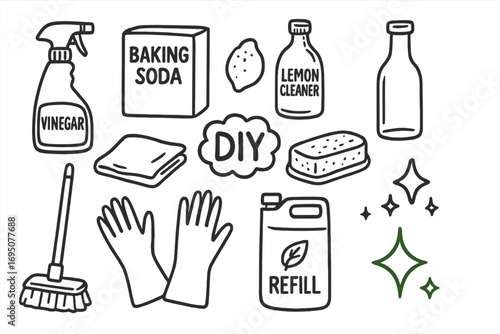 Eco Cleaning Doodle Icons. Eco cleaning doodle icon set: hand drawn icons of vinegar spray, baking soda box, lemon cleaner, glass
