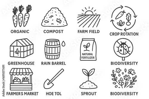 Sustainable Farming Icons. Sustainable farming doodle icon set: hand drawn icons of organic carrots, compost heap, farm field,