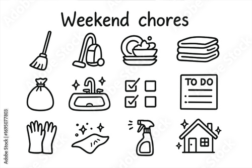 Weekend Chores Icons. Weekend chores doodle icon set: hand drawn icons of broom, vacuum, dishes, folded laundry, trash bag, clean