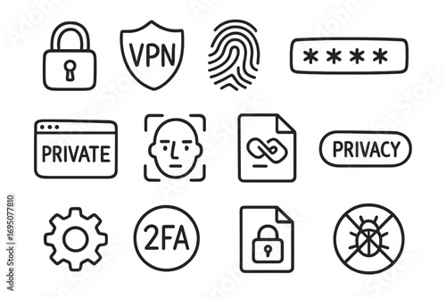Digital Privacy Icons. Digital privacy doodle icon set: hand drawn icons of lock symbol, VPN icon, fingerprint ID, password field,
