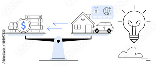 Balance scale with coins on one side and assets thumbs up house, car, and technology on the other. Arrows indicate exchange. Lightbulb symbolizes creative solutions. Ideal for finance, investment