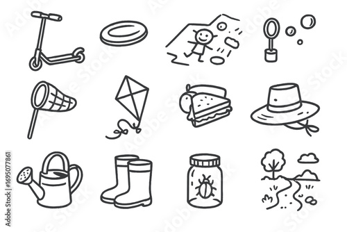 Outdoor Playtime Doodles. Outdoor playtime doodle icon set: hand drawn icons of scooter, frisbee, chalk drawing, bubble wand,
