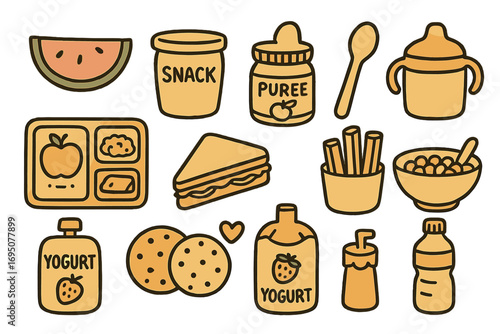 Children's Food Icons. Children’s food doodle icon set: hand drawn icons of fruit slices, snack cup, baby puree jar, spoon, sippy