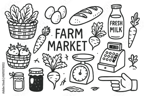 Farm Market Doodles. Farm market: hand drawn doodles of baskets, eggs, bread loaves, fresh milk bottles, carrots, turnips,