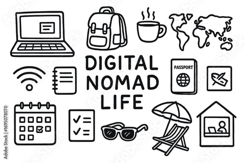 Digital Nomad Essentials. Digital nomad life: hand drawn doodles of laptops, coffee cups, travel bags, world maps, wifi signals,