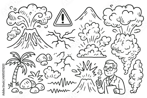 Volcano Eruption Doodles. Volcano eruption: hand drawn doodles of lava flows, mountains, ash clouds, cracks, warning signs, rocks,