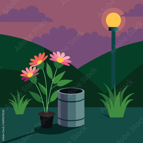 Flowers and lamppost in a park at dusk with purple clouds