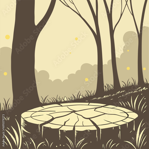 Forest clearing with cracked tree stump and fireflies