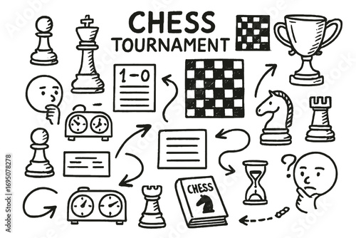 Chess Doodle Art. Chess tournament: hand drawn doodles of pawns, kings, clocks, checkered boards, scorecards, trophies, thinking