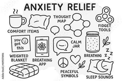 Comfort Fidget Tools. Anxiety relief: hand drawn doodles of comfort items, fidget tools, soft pillows, thought maps, calm jars,
