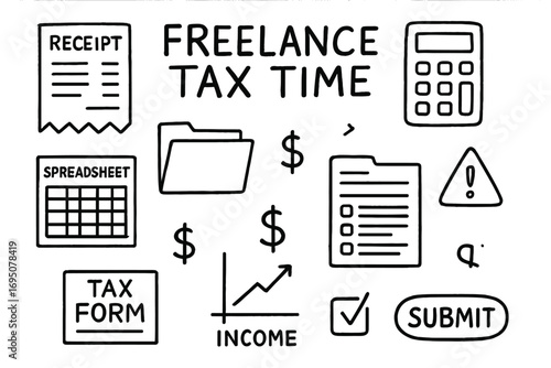 Freelancer Tax Doodles. Freelance tax time: hand drawn doodles of receipts, spreadsheets, calculator icons, folders, dollar signs,