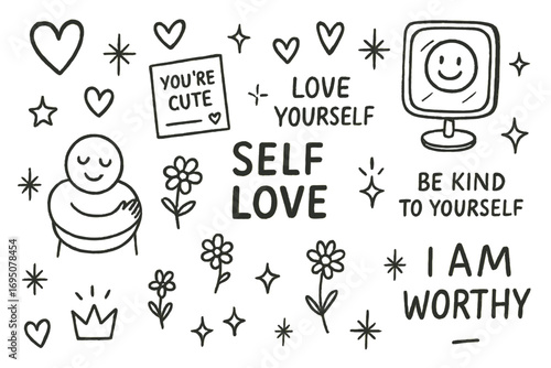 Self-Love Doodle Art. Self-love doodles: hand drawn doodles of hearts, smiling mirrors, compliment cards, hugs, flowers, stars,