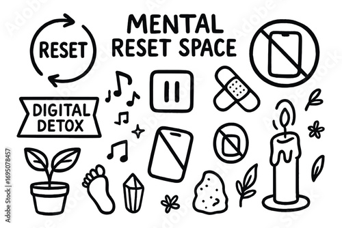 Mental Reset Doodles. Mental reset space: hand drawn doodles of reset signs, pause buttons, digital detox, soft music, no-phone