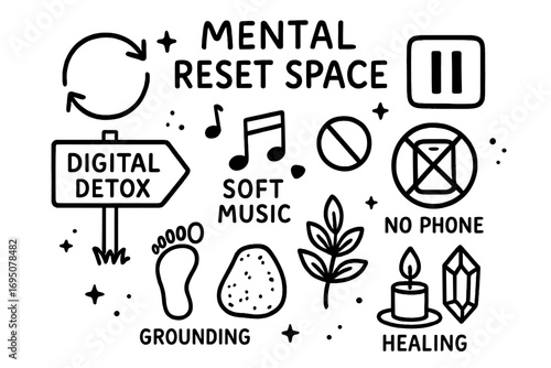 Mental Reset Doodles. Mental reset space: hand drawn doodles of reset signs, pause buttons, digital detox, soft music, no-phone