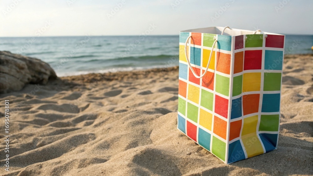 Naklejka premium Colorful paper lantern stands tall on a sandy beach beside the ocean