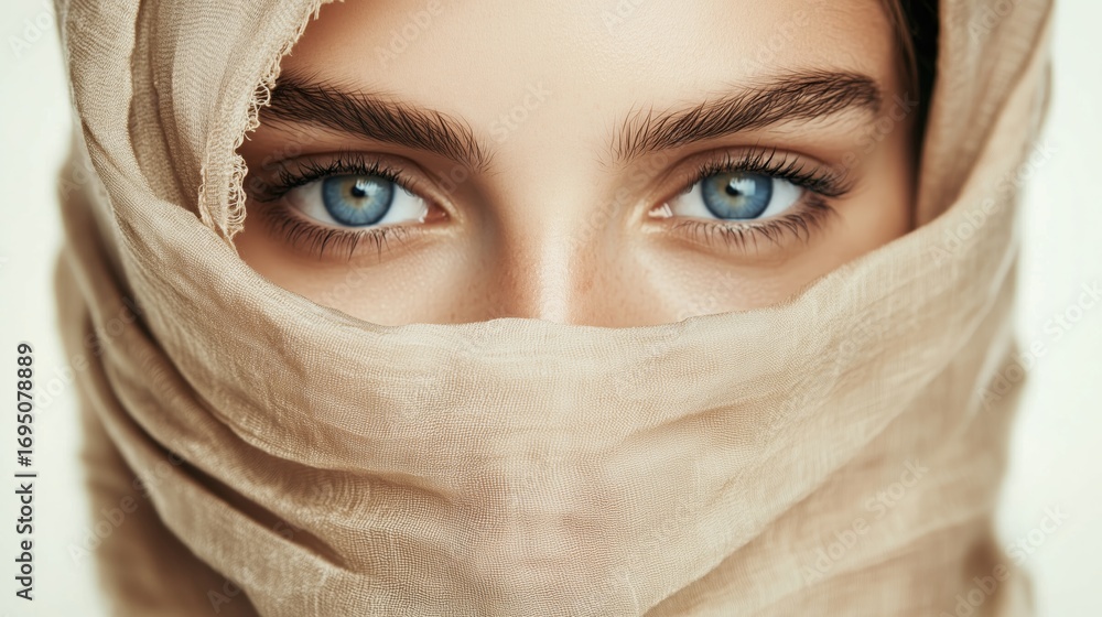 Fototapeta premium Captivating blue eyes of a woman partially covered by a soft scarf in a natural light setting