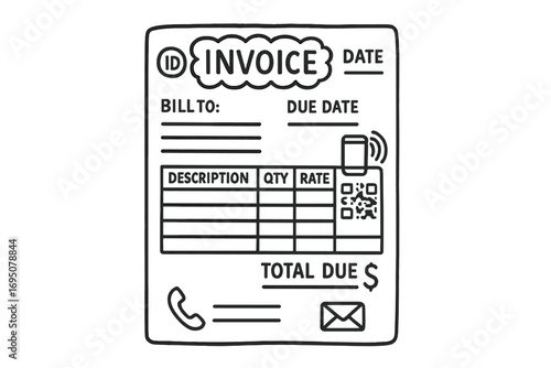 Invoice Doodle Design. Digital invoice: hand drawn doodles of bill layout, itemized list, client info, due date, QR code, phone
