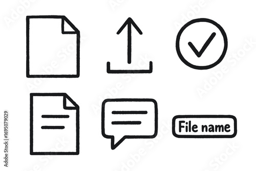 File Upload Doodles. Homework upload: hand drawn doodles of file icon, upload arrow, success check, document preview, comment box,
