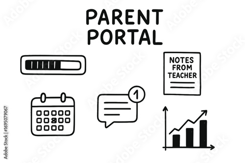 School Parent Dashboard. Parent portal: hand drawn doodles of progress bar, notes from teacher, calendar, message notification,