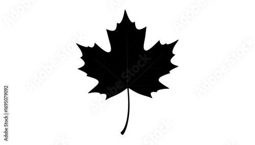 A simple, black silhouette of a maple leaf against a stark white background.