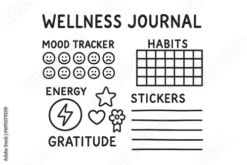 Wellness Journal Doodles. Wellness journal: hand drawn doodles of mood tracker, habits chart, energy icon, stickers, and gratitude