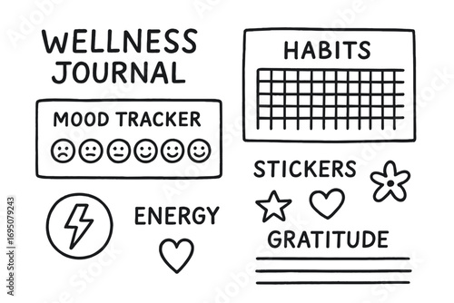 Wellness Journal Doodles. Wellness journal: hand drawn doodles of mood tracker, habits chart, energy icon, stickers, and gratitude