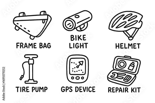 Bikepacking Gear Doodles. Bikepacking essentials: hand drawn doodles of frame bag, bike light, tire pump, GPS device, repair kit,