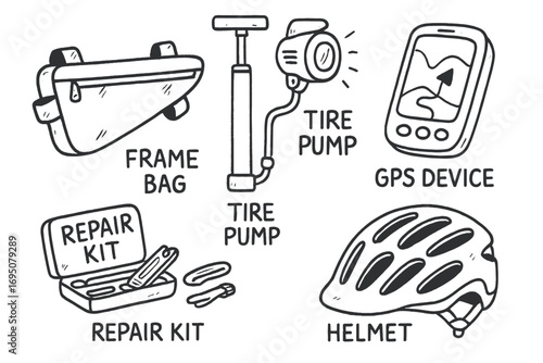 Bikepacking Gear Doodles. Bikepacking essentials: hand drawn doodles of frame bag, bike light, tire pump, GPS device, repair kit,