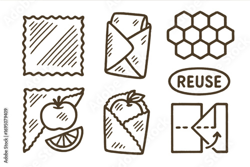 Beeswax Wrap Designs. Beeswax wrap designs: hand drawn doodles of fabric square, food wrap, fold technique, honeycomb pattern,
