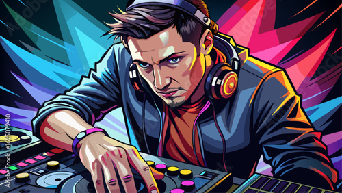 Close-up portrait of male DJ wearing headphones, hand on mixer. Isolated background captures rhythm, energy, and nightlife artistry.