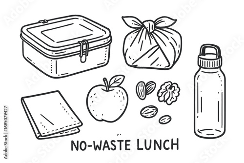 Eco-Friendly Lunch Doodles. No-waste lunch: hand drawn doodles of stainless box, cloth wrap, fruit, nuts, napkin, and water bottle