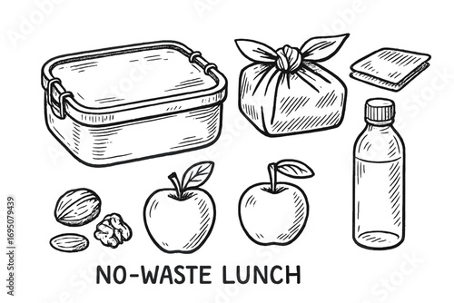Eco-Friendly Lunch Doodles. No-waste lunch: hand drawn doodles of stainless box, cloth wrap, fruit, nuts, napkin, and water bottle