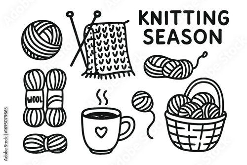 Cozy Knitting Essentials. Knitting season: hand drawn doodles of yarn ball, needles, knit scarf, wool skeins, mug of tea, and