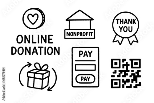 Online Donation Doodles. Online donation: hand drawn doodles of heart coin, nonprofit icon, pay form, thank you badge, recurring