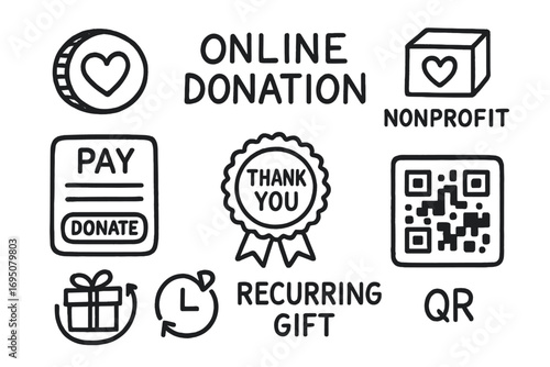 Online Donation Doodles. Online donation: hand drawn doodles of heart coin, nonprofit icon, pay form, thank you badge, recurring