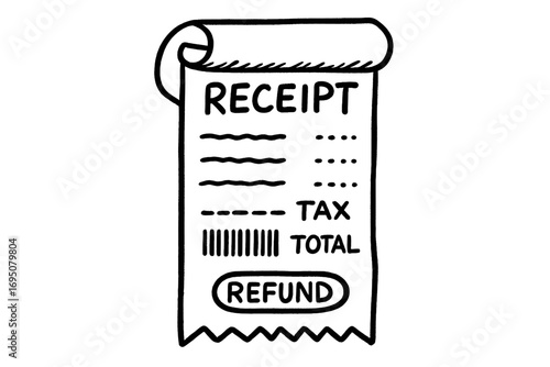 Hand-Drawn Receipt Doodles. Digital receipt: hand drawn doodles of receipt roll, line items, tax amount, barcode, total paid, and