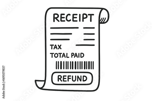 Hand-Drawn Receipt Doodles. Digital receipt: hand drawn doodles of receipt roll, line items, tax amount, barcode, total paid, and