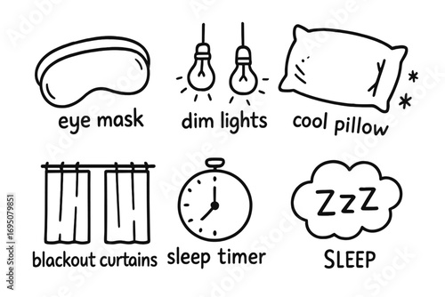 Sleep Hygiene Doodles. Sleep hygiene: hand drawn doodles of eye mask, dim lights, cool pillow, blackout curtains, sleep timer, and
