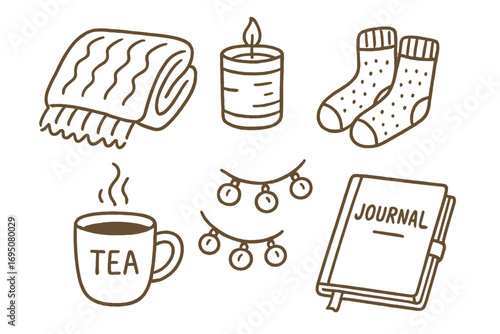 Cozy Desk Essentials. Cozy desk vibes: hand drawn doodles of soft blanket, candle, warm socks, tea mug, string lights, and journal