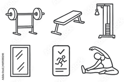 Gym Doodle Collection. Gym session: hand drawn doodles of squat bar, bench, cable machine, mirror, training app, and cooldown