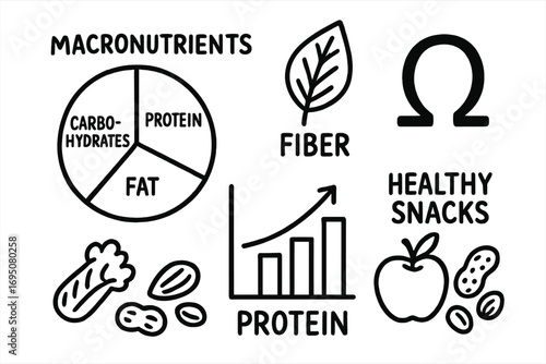 Nutrition Doodles. Nutrition basics: hand drawn doodles of macronutrient pie, fiber icon, protein chart, omega symbol, and healthy