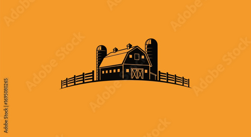 Barn Silhouette with Silos and Fence: Rural Icon.
